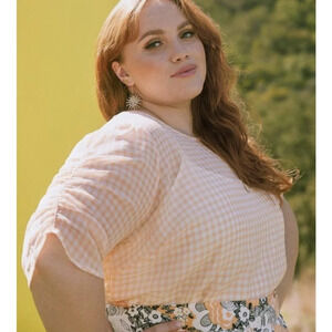 Modcloth Sz 1X Countryside is Calling Plaid Gingham Chiffon Blouse Ruched Sleeve